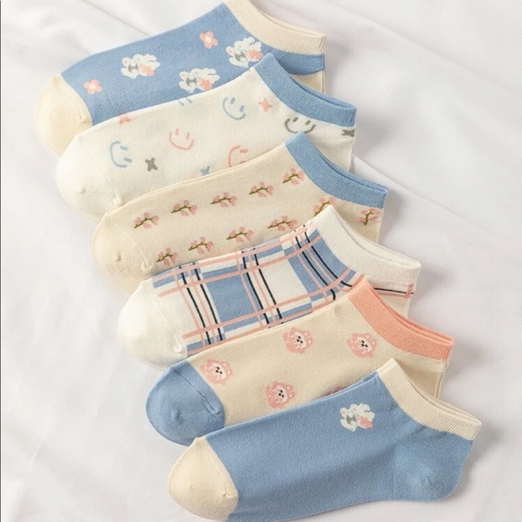 🌺HP Ankle socks cartoon 6 PR SET Smiley face rabbit blue cream beige flower - Picture 1 of 4